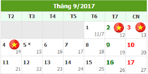 Lễ Quốc khánh năm 2017 được nghỉ bao nhiêu ngày?